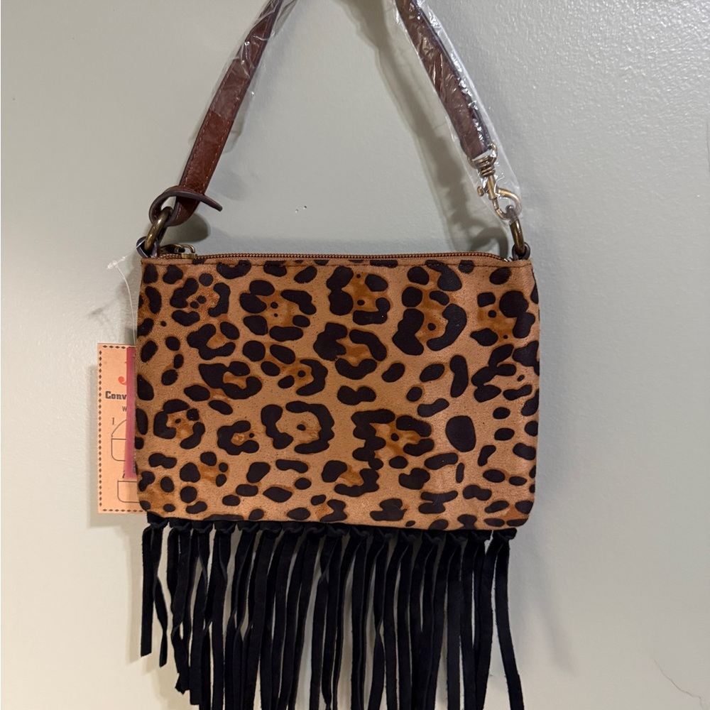 Justin Convertible Fringe Crossbody Bag Leopard & Red Combo Brand New With Tags